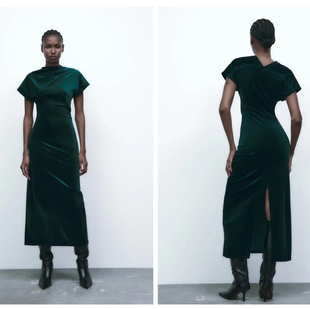 Zara Draped Velvet Dress in Emerald Green Size XXL Bodycon NEW Mock Neck Party